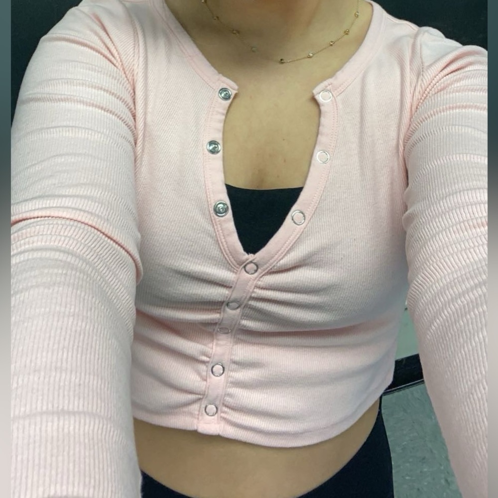 Pink Long Sleeve Snap Up Cropped Shirt